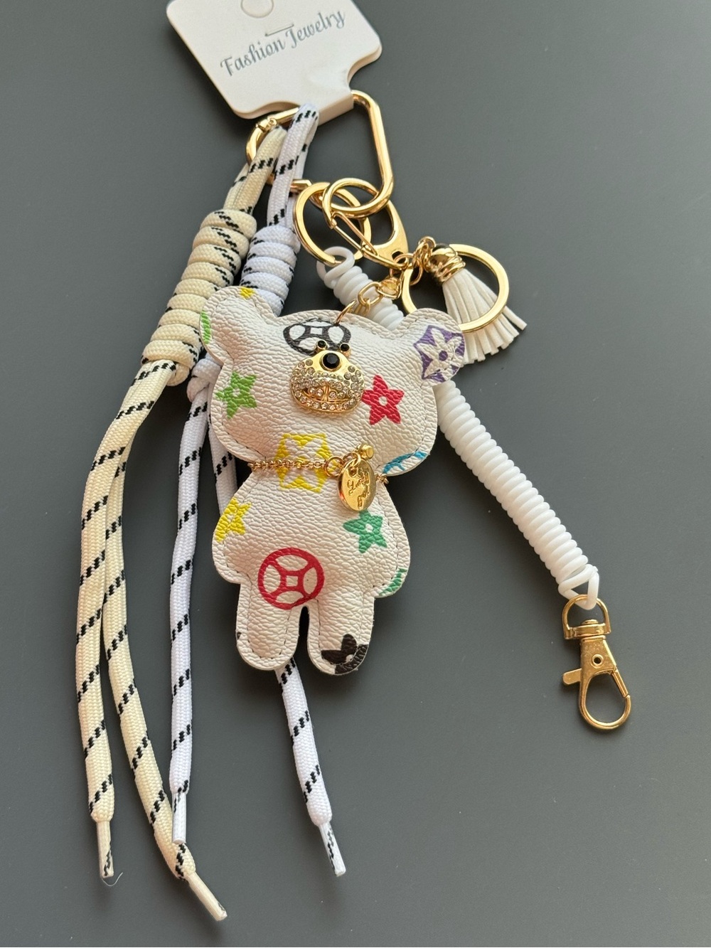 White Floral Print Bear Keychain Bag Charm Gold Accent Coordinating Cord NWT